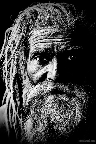 Black and white portrait of a naga sadhu from Kumbh Mela 2010 in Haridwar