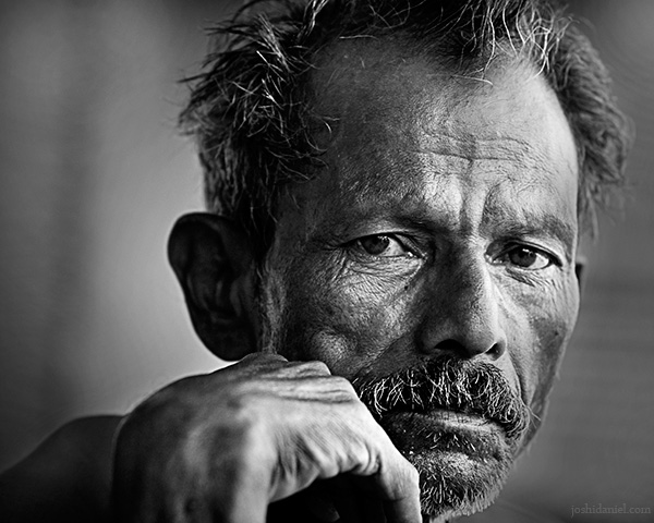 Black and white portrait of a man from Chala Market in Trivandrum