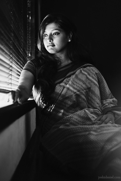 Black and white portrait of Indian actress and choreographer Gayathri Raguram