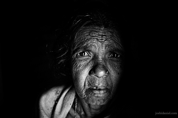 Black and white portrait of an old Kurumba tribe woman of Attappadi in Palakkad district of Kerala