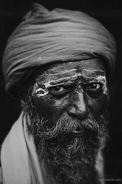 Black and white portrait of a Sadhu in Mumbai, India