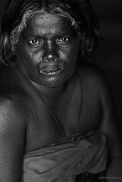 Black and white portrait of an Irula tribe woman of Attappadi in Palakkad district of Kerala, India