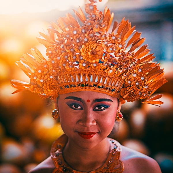 Portrait of a smiling Pendet dancer in Ubud, Bali, Indonesia